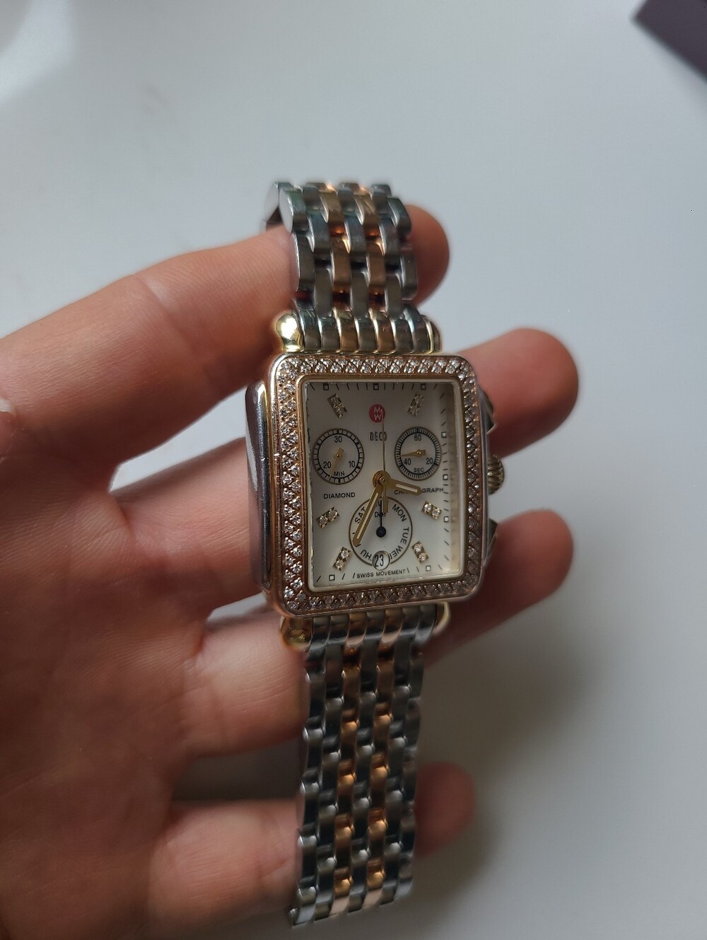 Michele Deco Tri Two Tone Diamond Yellow Gold Rose Gold And Silver Watch - Picture 3 of 5